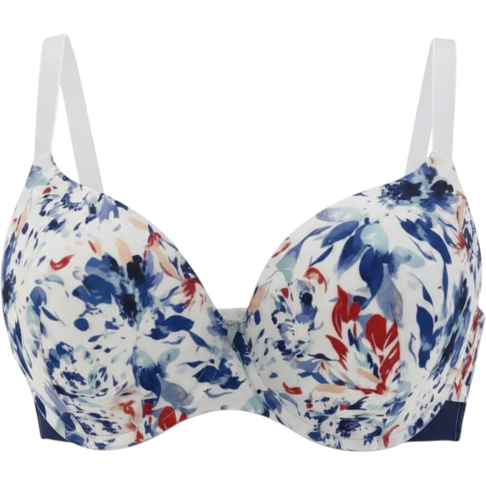 Cacique Lightly Lined Balconette Bra 38DD Blue Red Floral Abstract Underwire